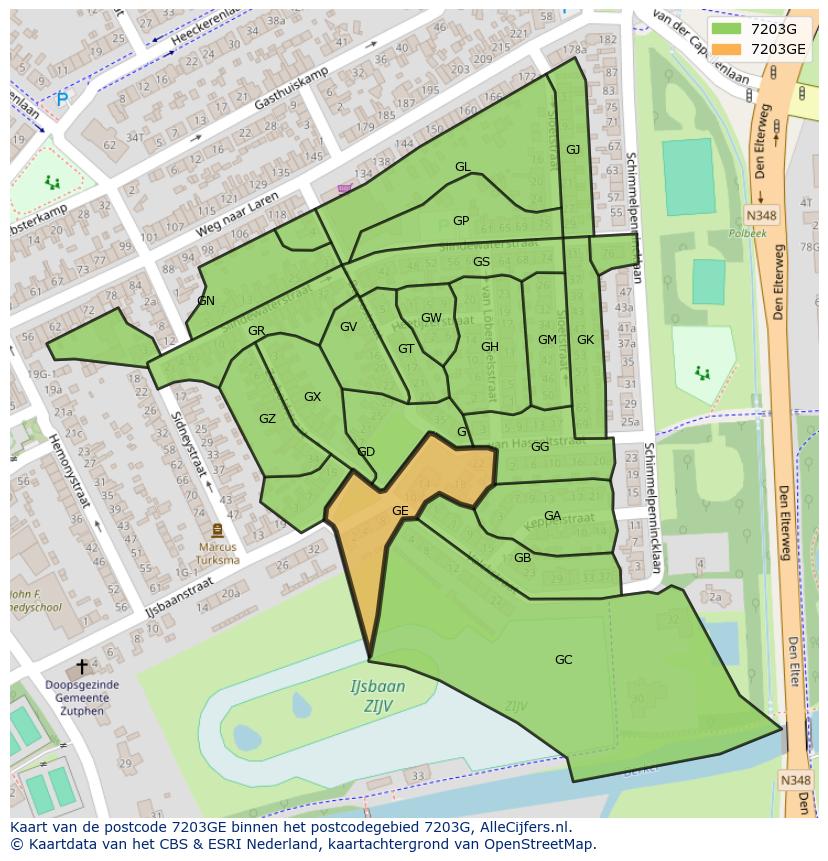 Afbeelding van het postcodegebied 7203 GE op de kaart.