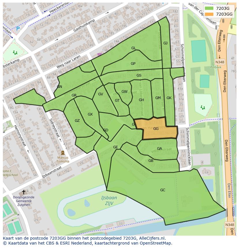Afbeelding van het postcodegebied 7203 GG op de kaart.