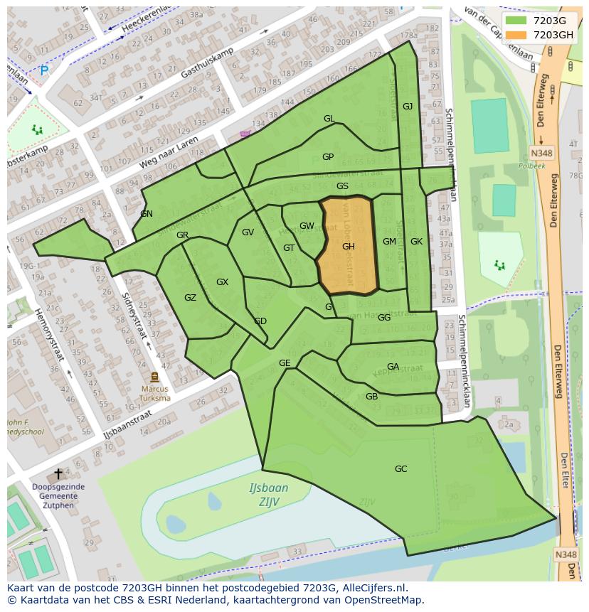 Afbeelding van het postcodegebied 7203 GH op de kaart.