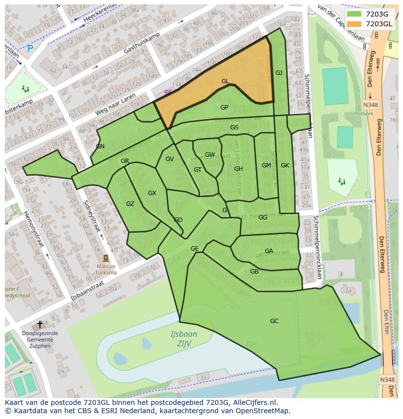 Afbeelding van het postcodegebied 7203 GL op de kaart.