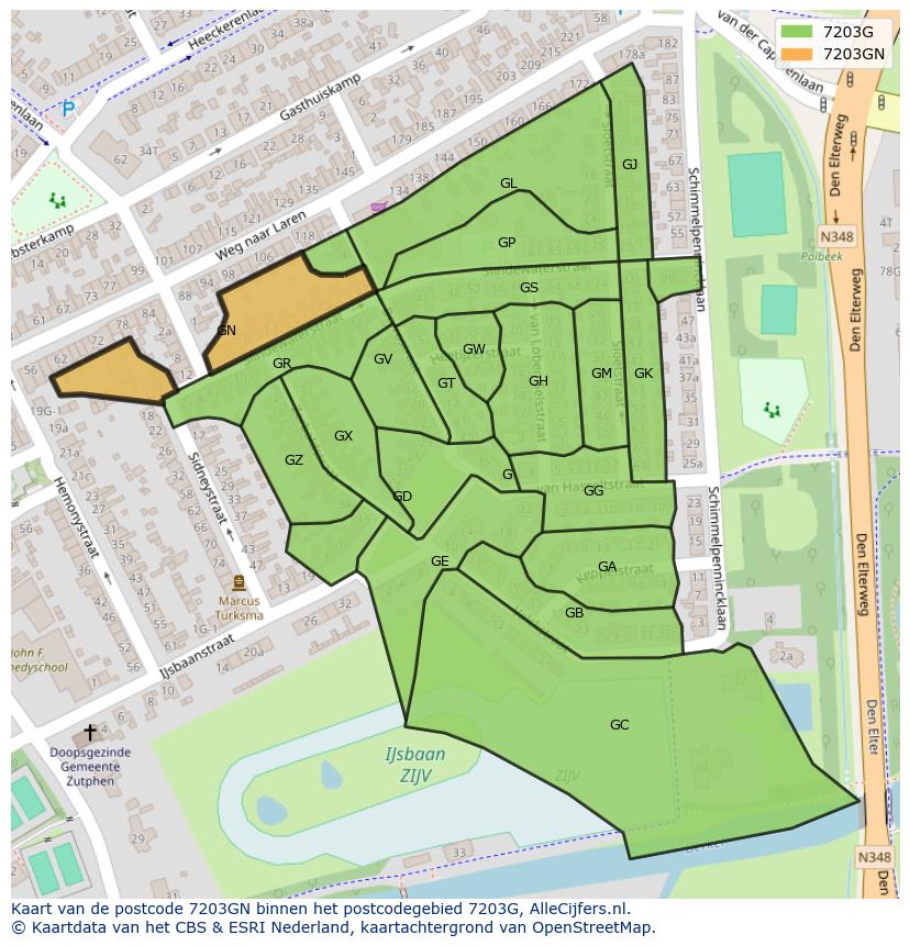 Afbeelding van het postcodegebied 7203 GN op de kaart.