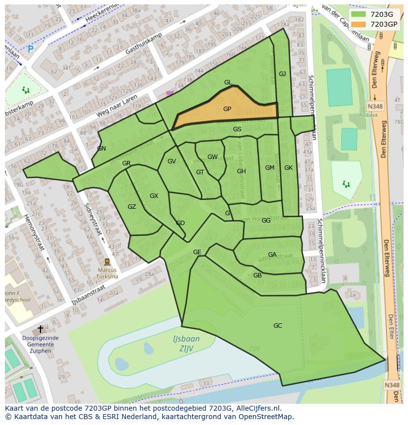 Afbeelding van het postcodegebied 7203 GP op de kaart.