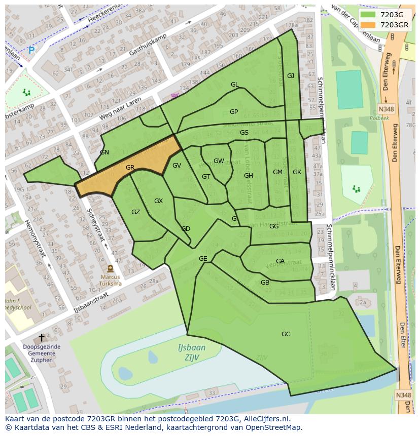 Afbeelding van het postcodegebied 7203 GR op de kaart.
