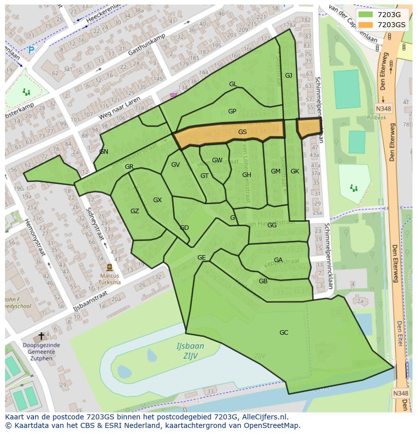 Afbeelding van het postcodegebied 7203 GS op de kaart.