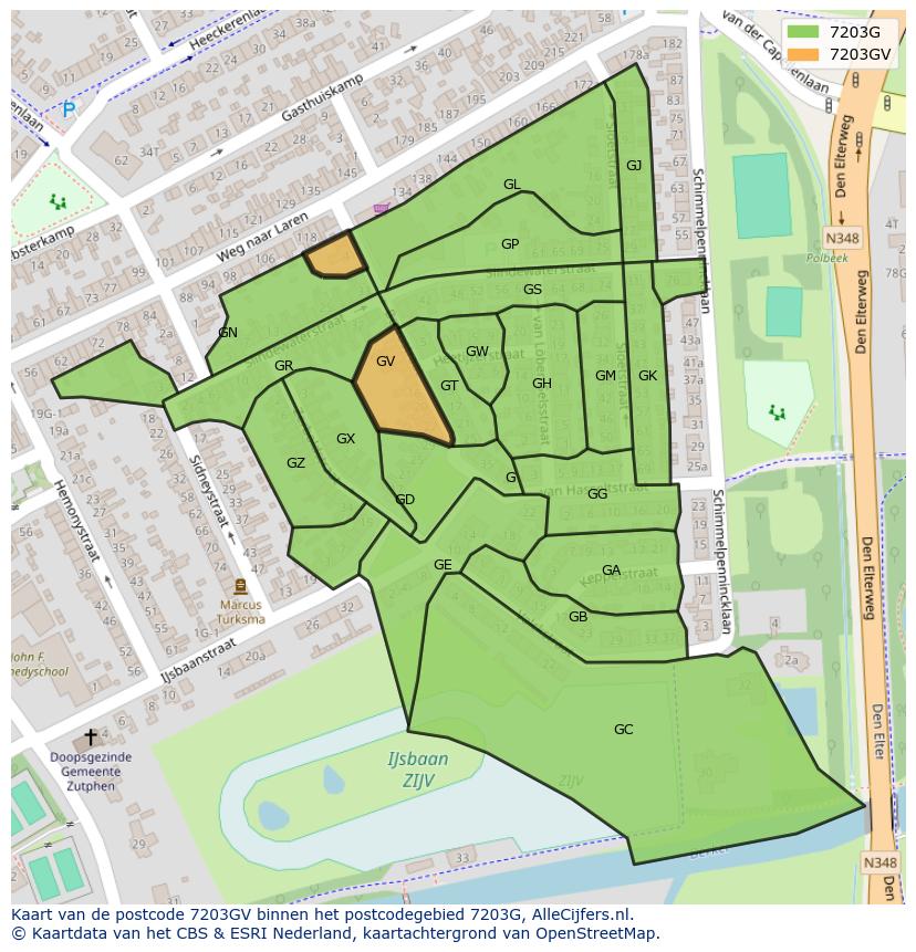 Afbeelding van het postcodegebied 7203 GV op de kaart.