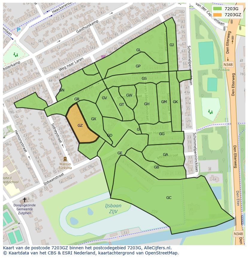 Afbeelding van het postcodegebied 7203 GZ op de kaart.