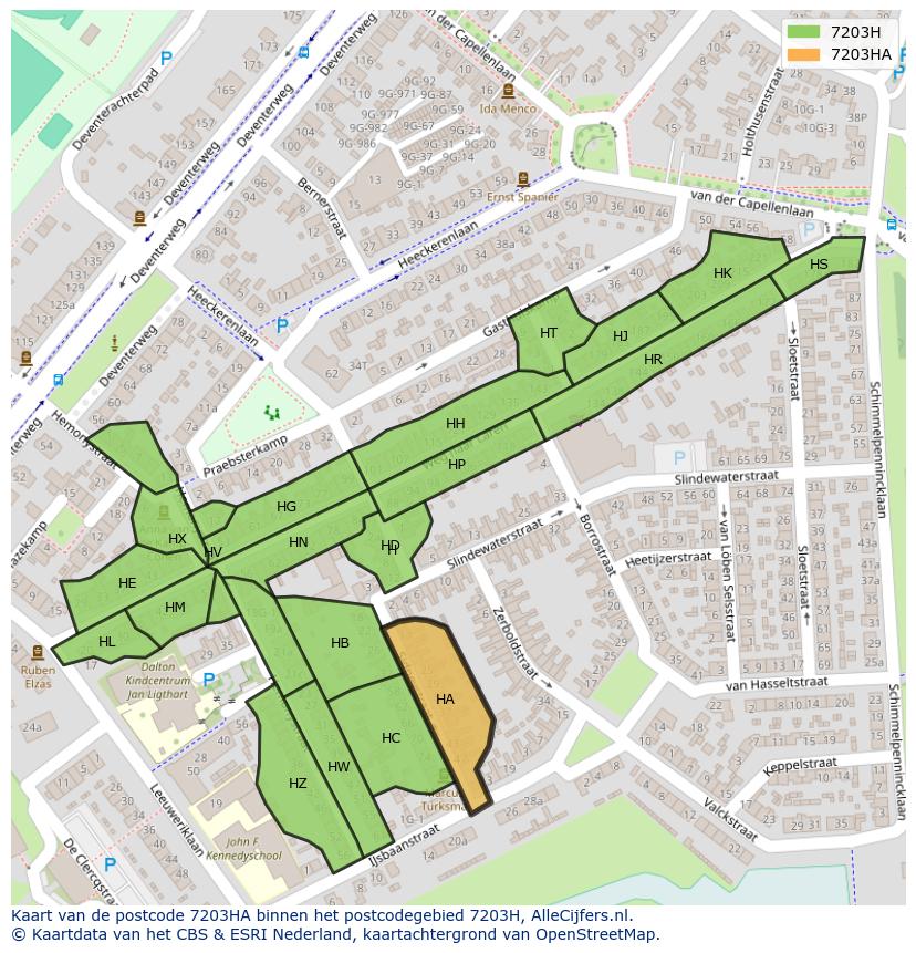 Afbeelding van het postcodegebied 7203 HA op de kaart.