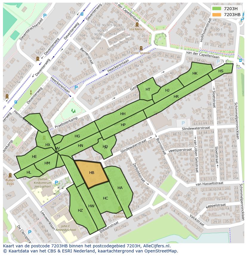 Afbeelding van het postcodegebied 7203 HB op de kaart.
