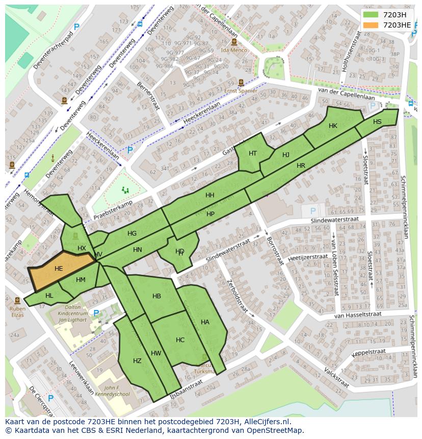 Afbeelding van het postcodegebied 7203 HE op de kaart.