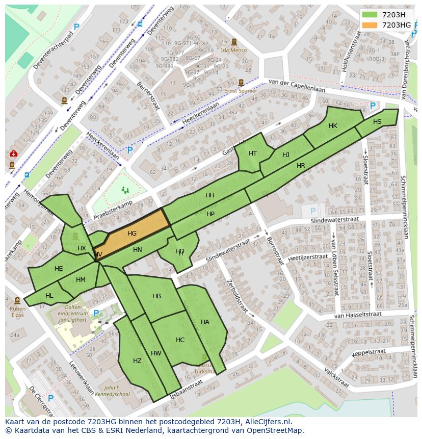 Afbeelding van het postcodegebied 7203 HG op de kaart.
