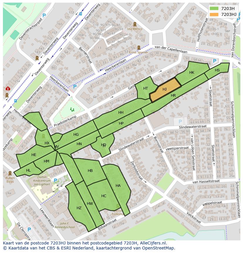 Afbeelding van het postcodegebied 7203 HJ op de kaart.