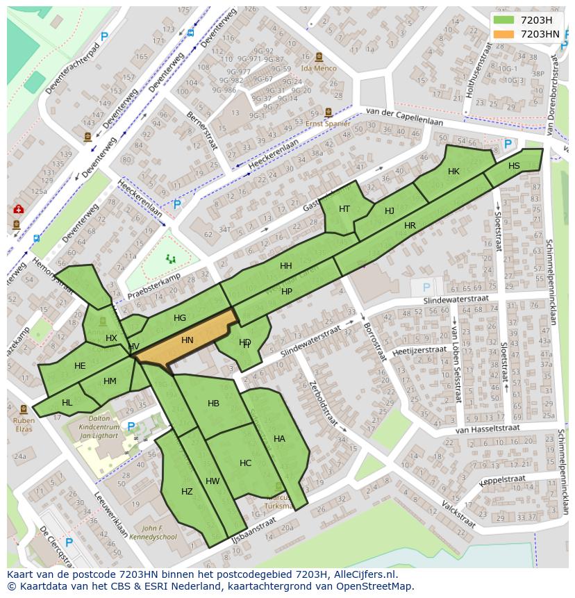 Afbeelding van het postcodegebied 7203 HN op de kaart.