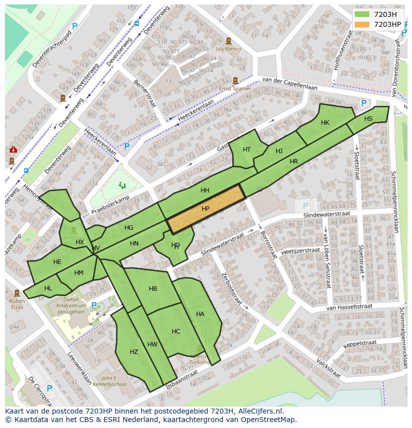 Afbeelding van het postcodegebied 7203 HP op de kaart.