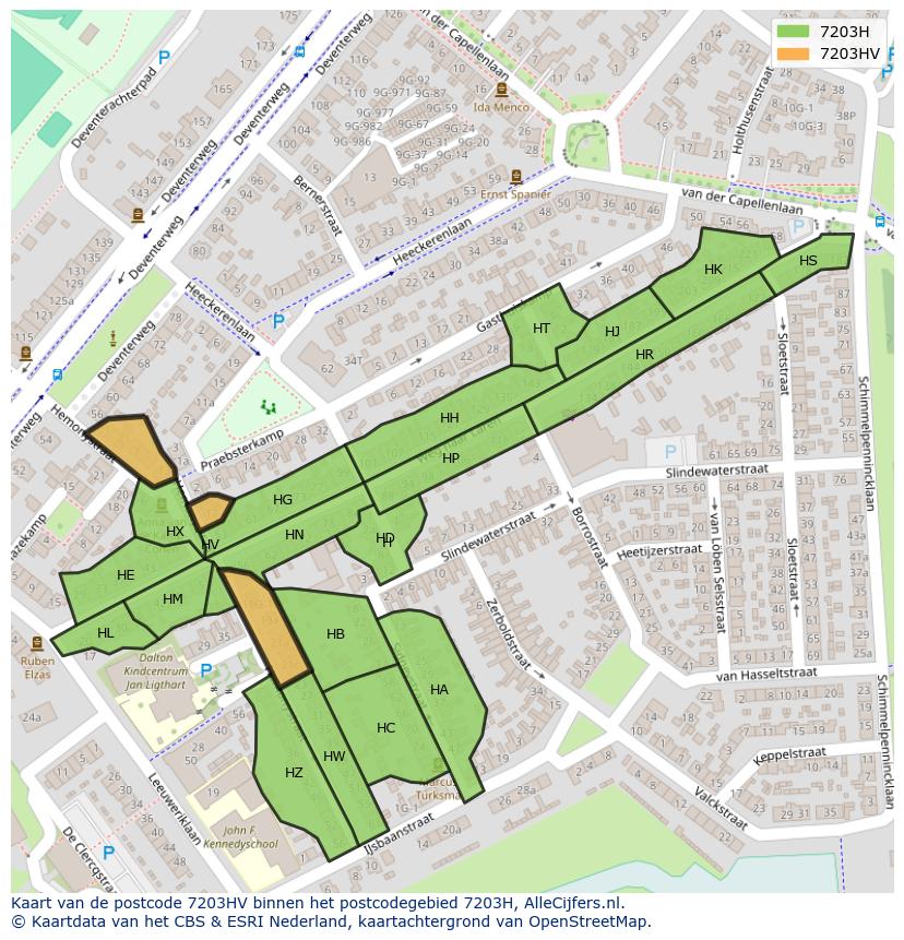 Afbeelding van het postcodegebied 7203 HV op de kaart.
