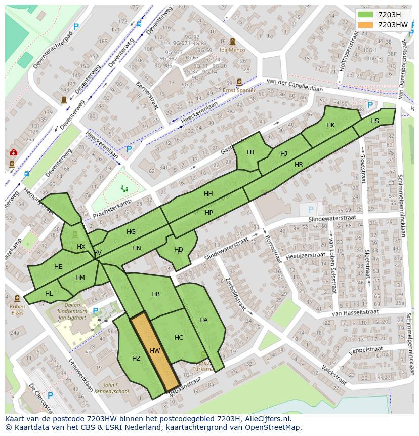 Afbeelding van het postcodegebied 7203 HW op de kaart.
