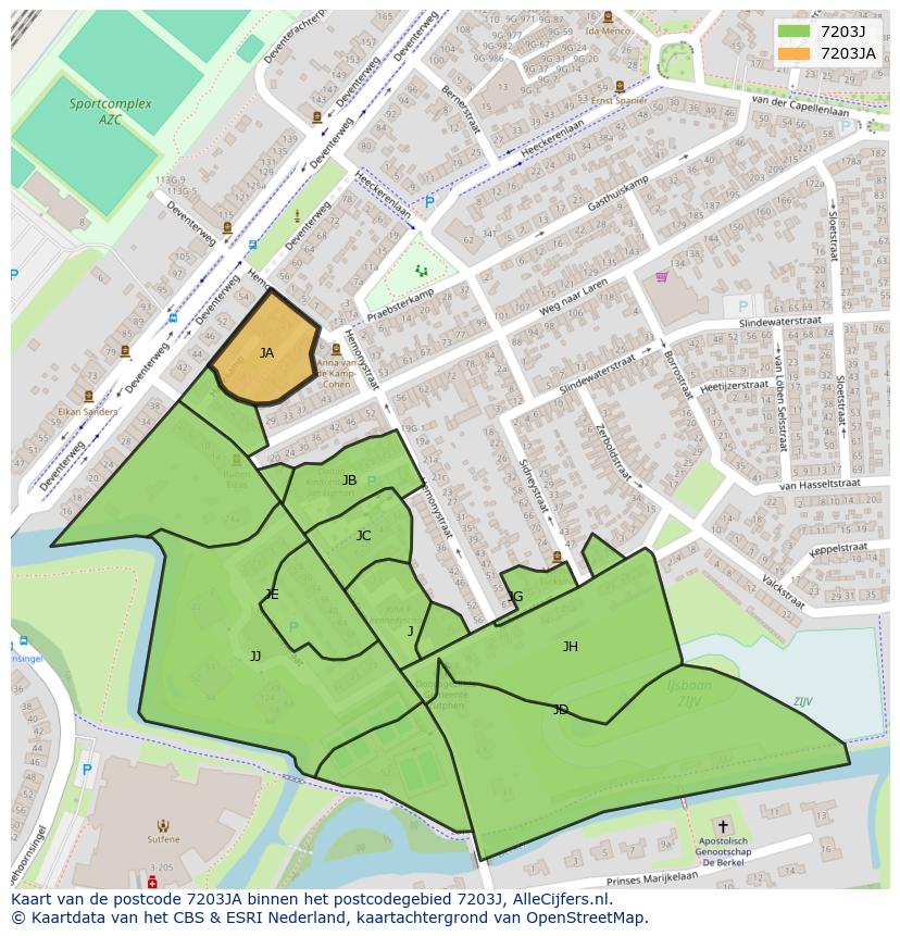 Afbeelding van het postcodegebied 7203 JA op de kaart.