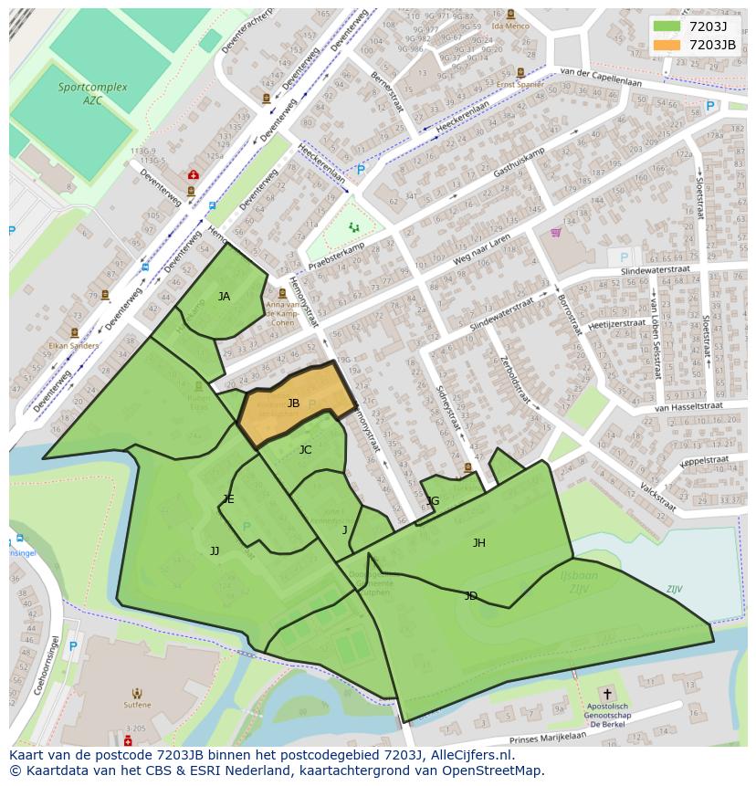 Afbeelding van het postcodegebied 7203 JB op de kaart.