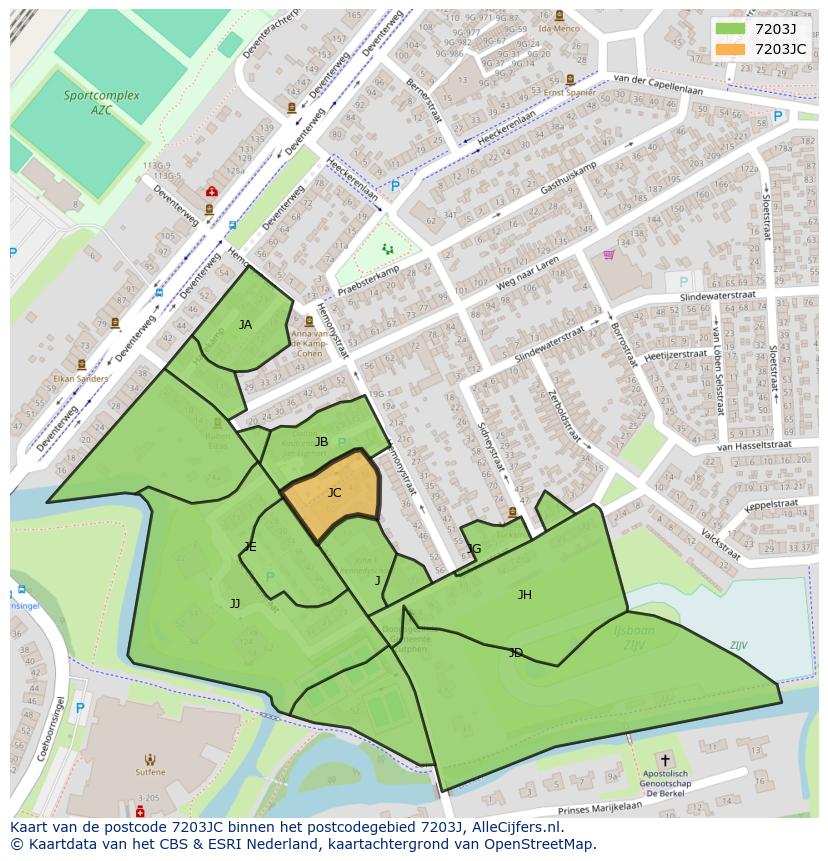 Afbeelding van het postcodegebied 7203 JC op de kaart.