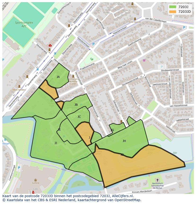 Afbeelding van het postcodegebied 7203 JD op de kaart.
