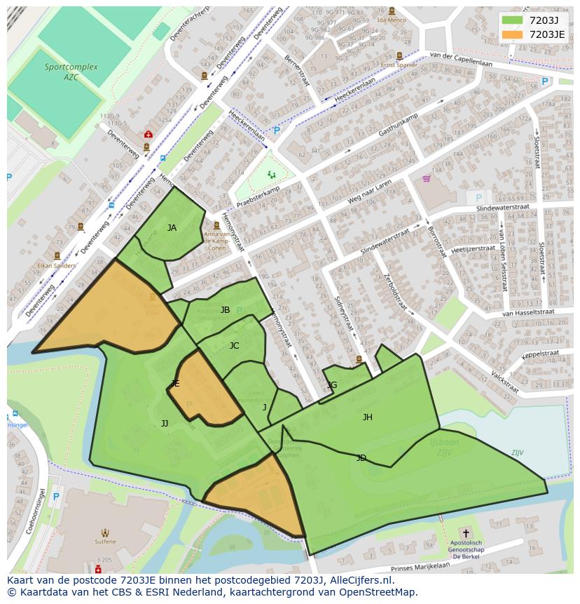 Afbeelding van het postcodegebied 7203 JE op de kaart.