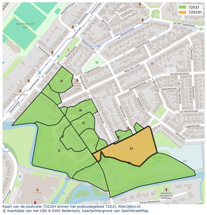 Afbeelding van het postcodegebied 7203 JH op de kaart.