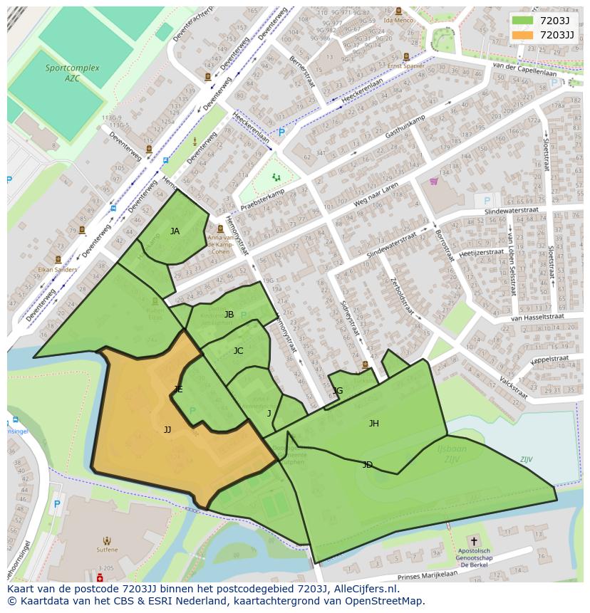 Afbeelding van het postcodegebied 7203 JJ op de kaart.