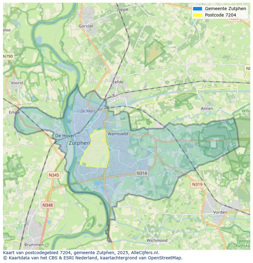 Afbeelding van het postcodegebied 7204 op de kaart.