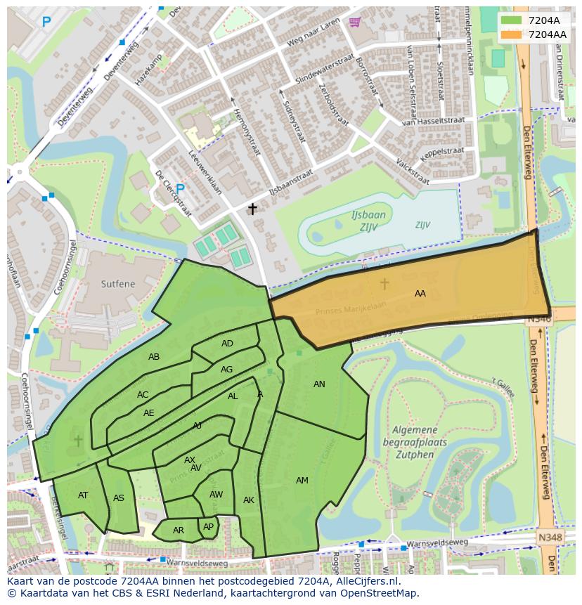 Afbeelding van het postcodegebied 7204 AA op de kaart.