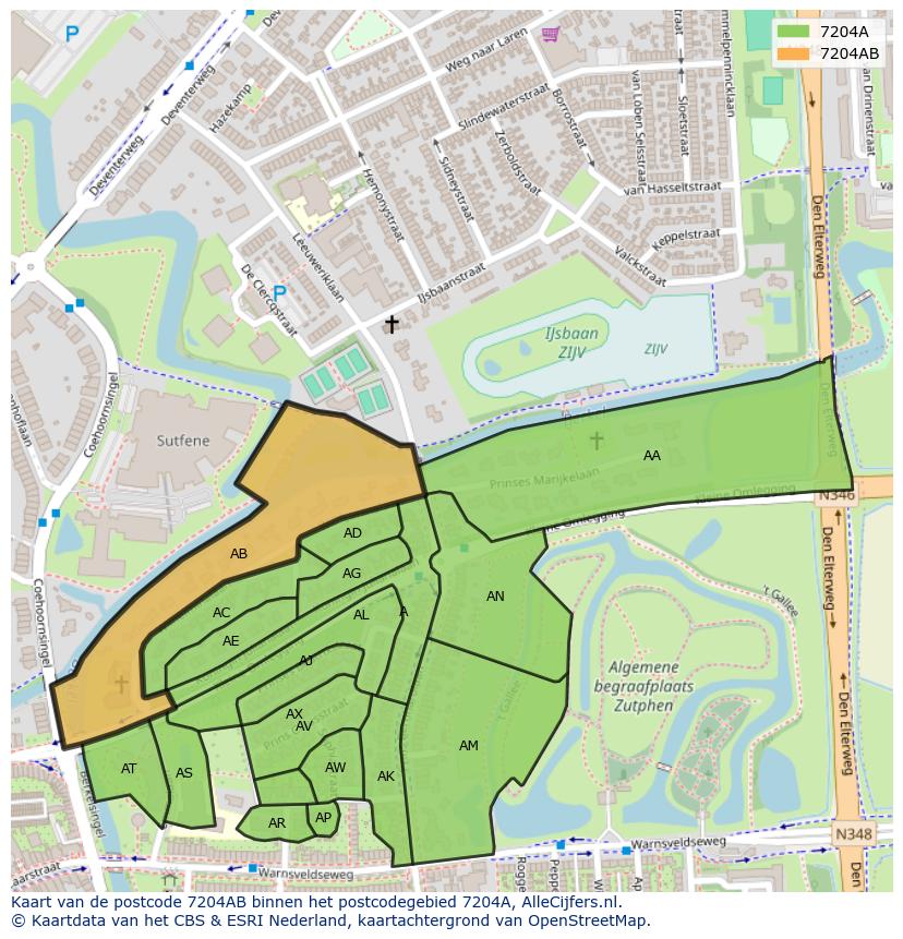 Afbeelding van het postcodegebied 7204 AB op de kaart.
