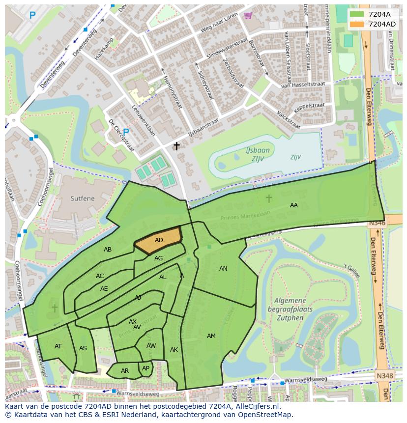 Afbeelding van het postcodegebied 7204 AD op de kaart.