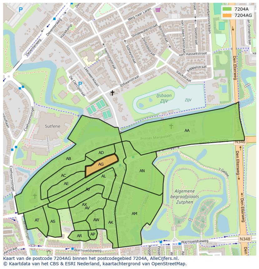 Afbeelding van het postcodegebied 7204 AG op de kaart.