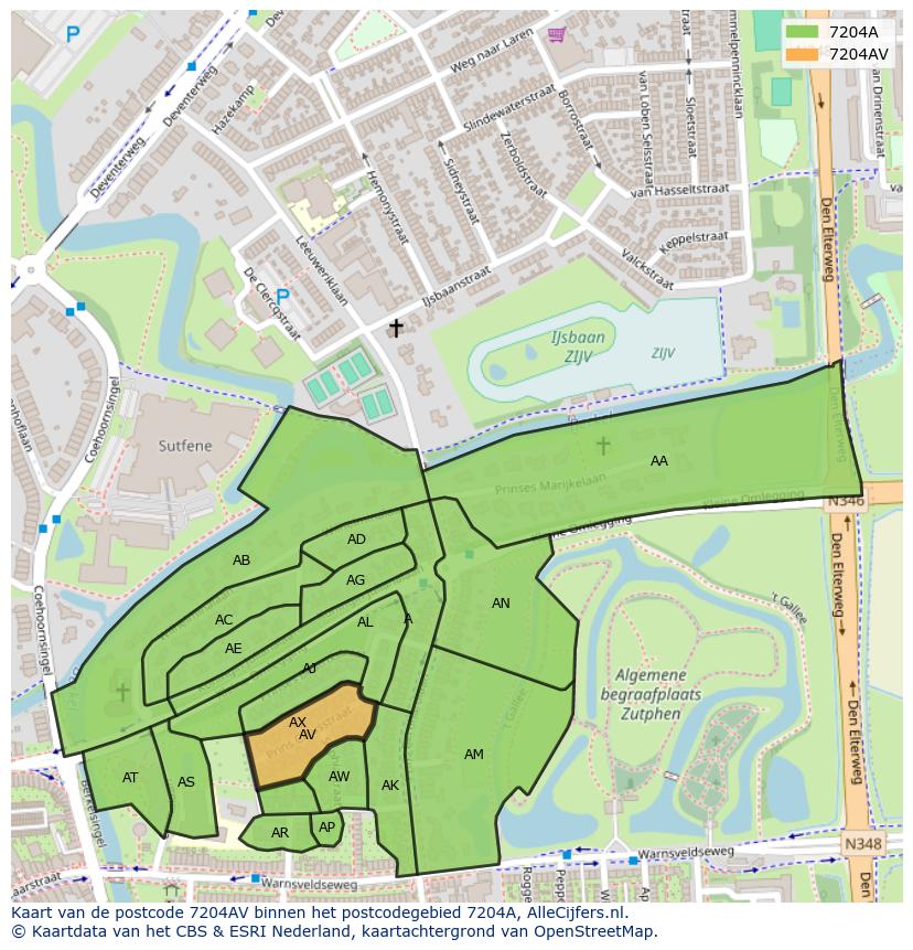 Afbeelding van het postcodegebied 7204 AV op de kaart.