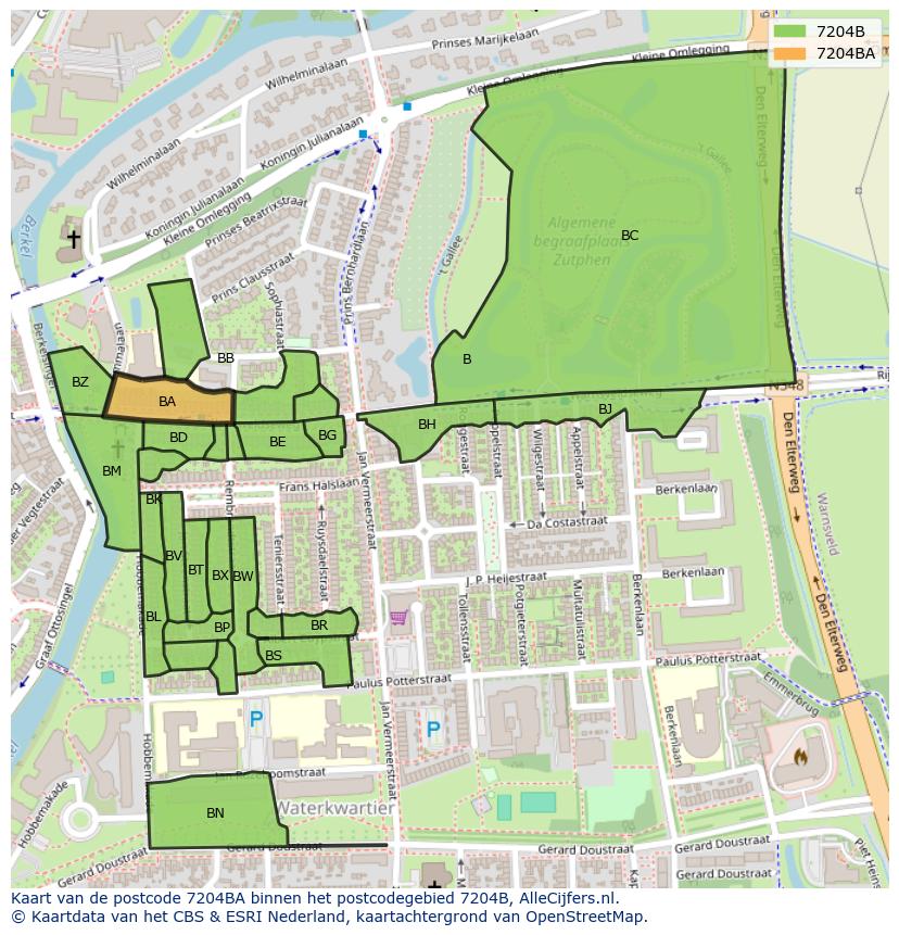 Afbeelding van het postcodegebied 7204 BA op de kaart.