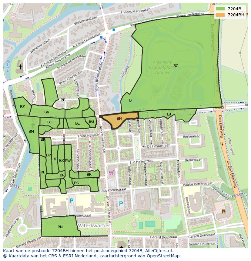 Afbeelding van het postcodegebied 7204 BH op de kaart.