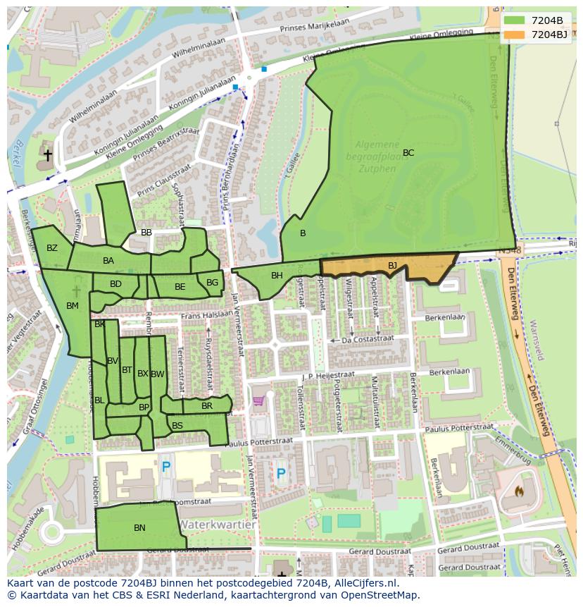 Afbeelding van het postcodegebied 7204 BJ op de kaart.