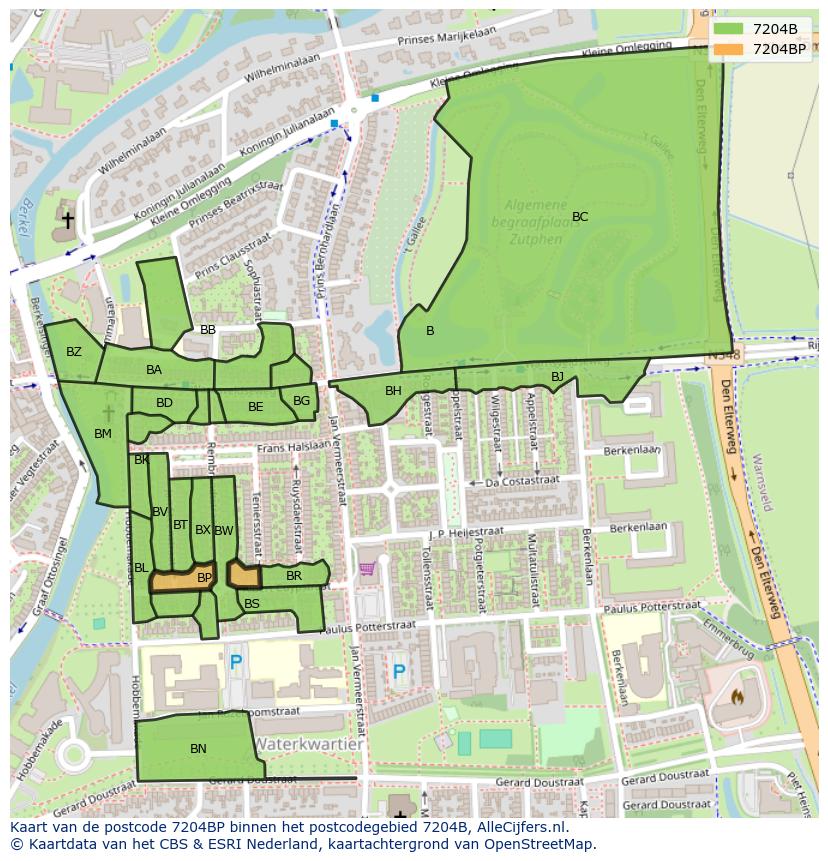 Afbeelding van het postcodegebied 7204 BP op de kaart.