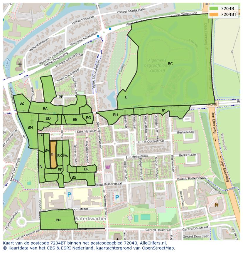 Afbeelding van het postcodegebied 7204 BT op de kaart.