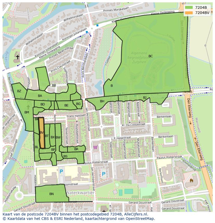 Afbeelding van het postcodegebied 7204 BV op de kaart.