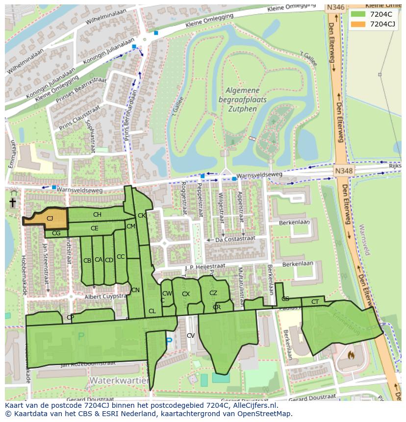 Afbeelding van het postcodegebied 7204 CJ op de kaart.