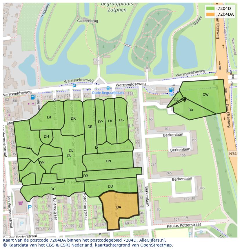 Afbeelding van het postcodegebied 7204 DA op de kaart.