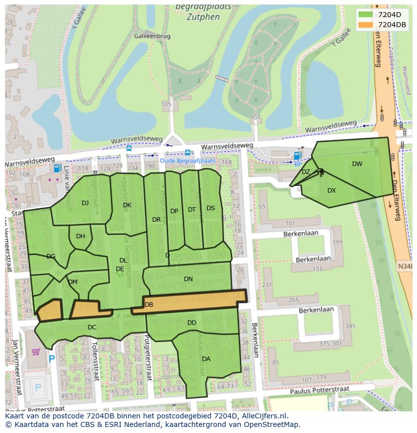 Afbeelding van het postcodegebied 7204 DB op de kaart.