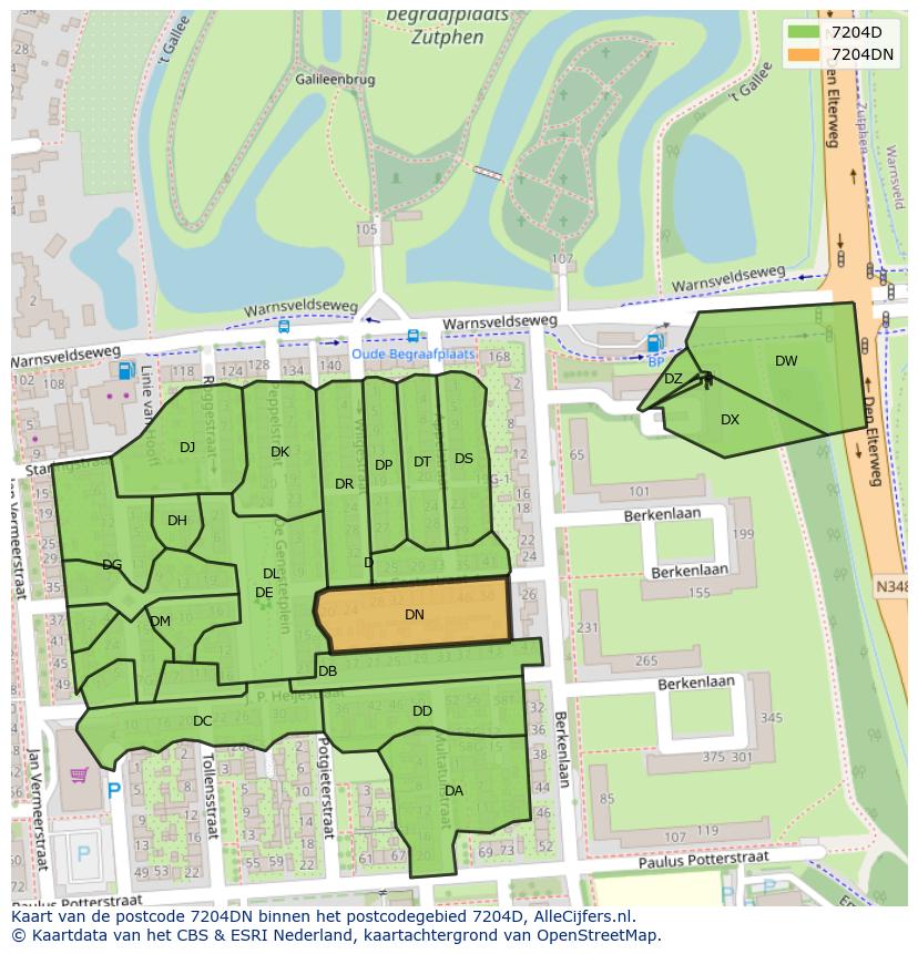 Afbeelding van het postcodegebied 7204 DN op de kaart.