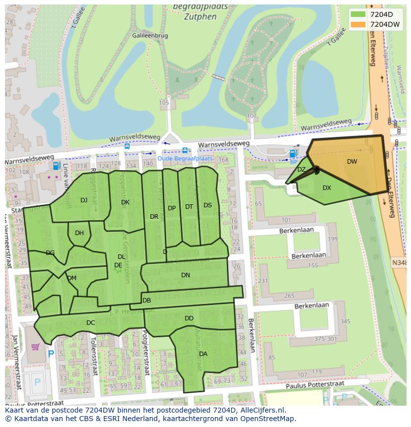 Afbeelding van het postcodegebied 7204 DW op de kaart.