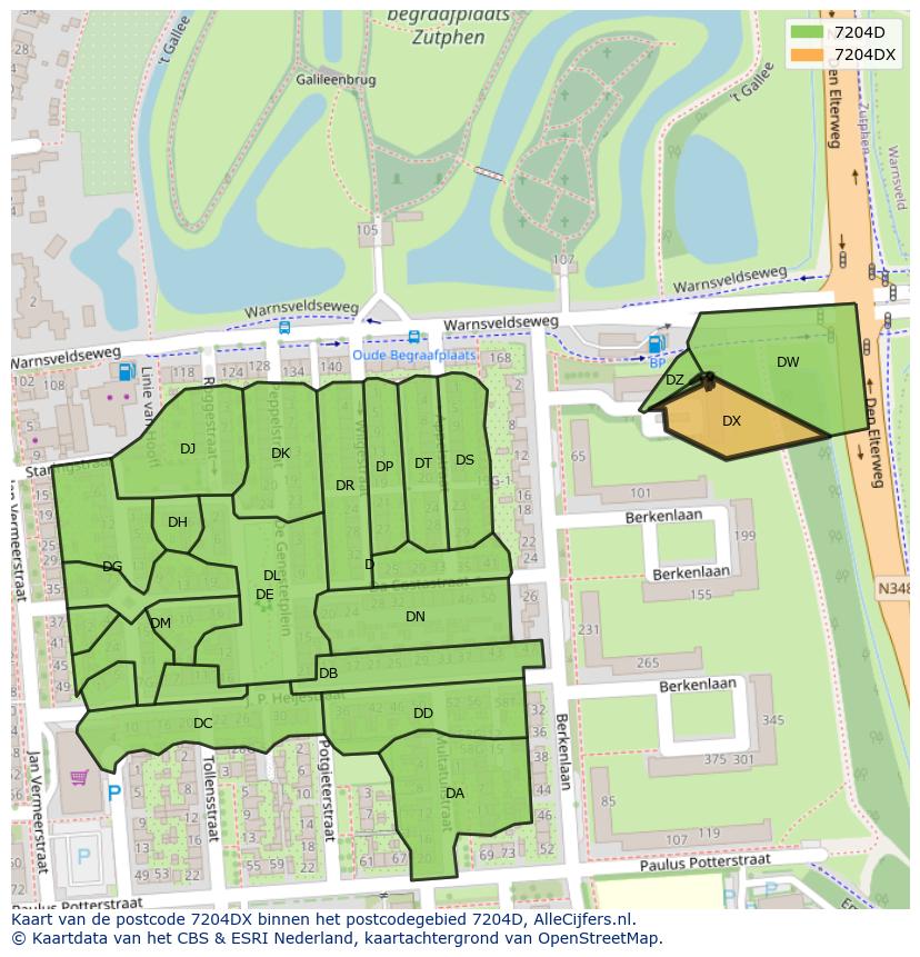 Afbeelding van het postcodegebied 7204 DX op de kaart.