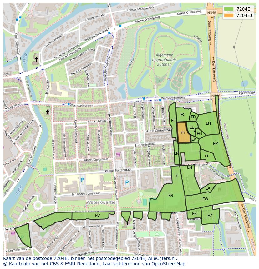 Afbeelding van het postcodegebied 7204 EJ op de kaart.