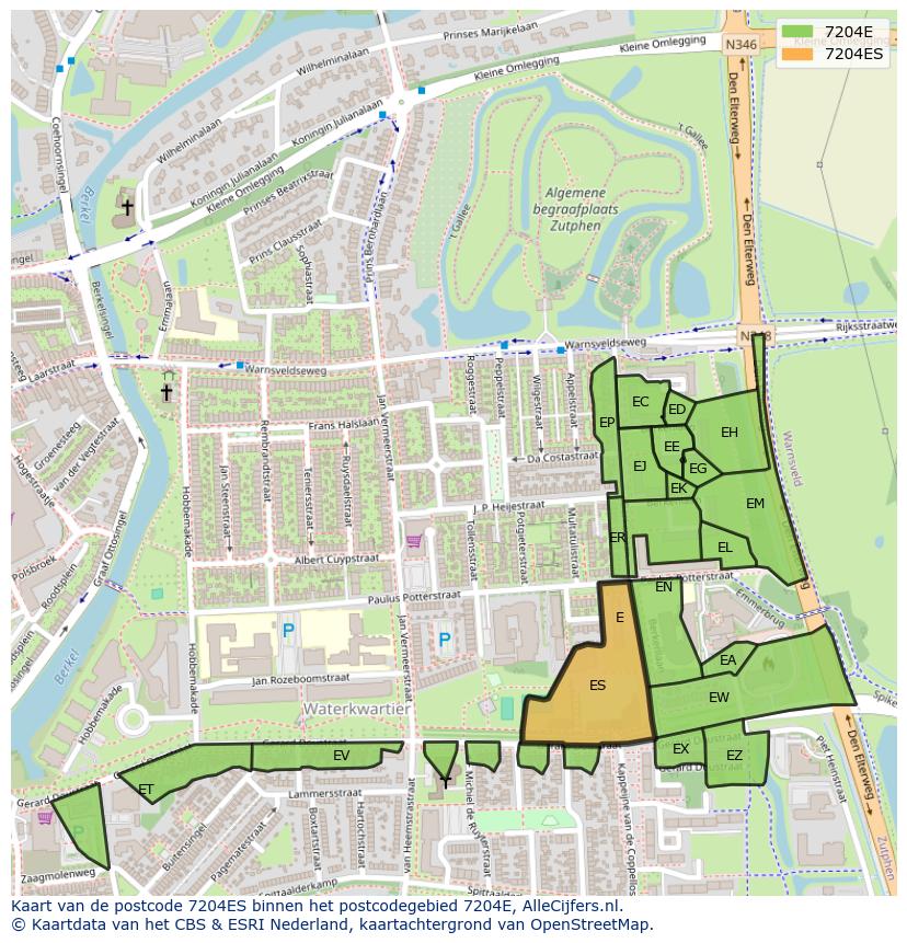 Afbeelding van het postcodegebied 7204 ES op de kaart.