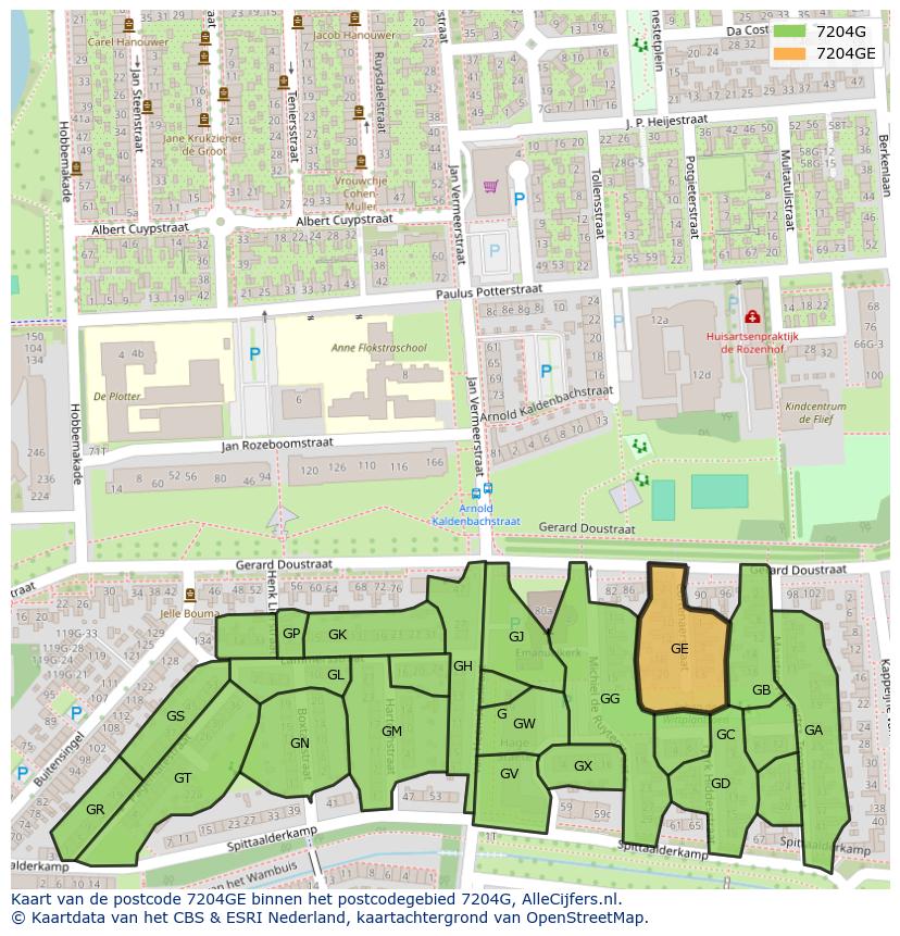 Afbeelding van het postcodegebied 7204 GE op de kaart.