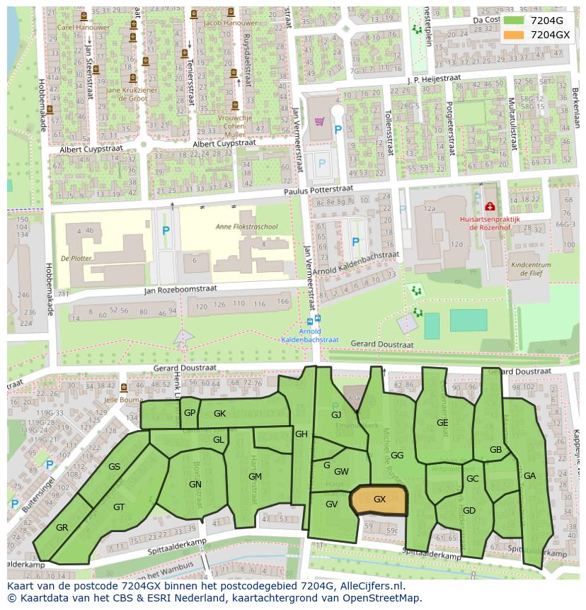 Afbeelding van het postcodegebied 7204 GX op de kaart.