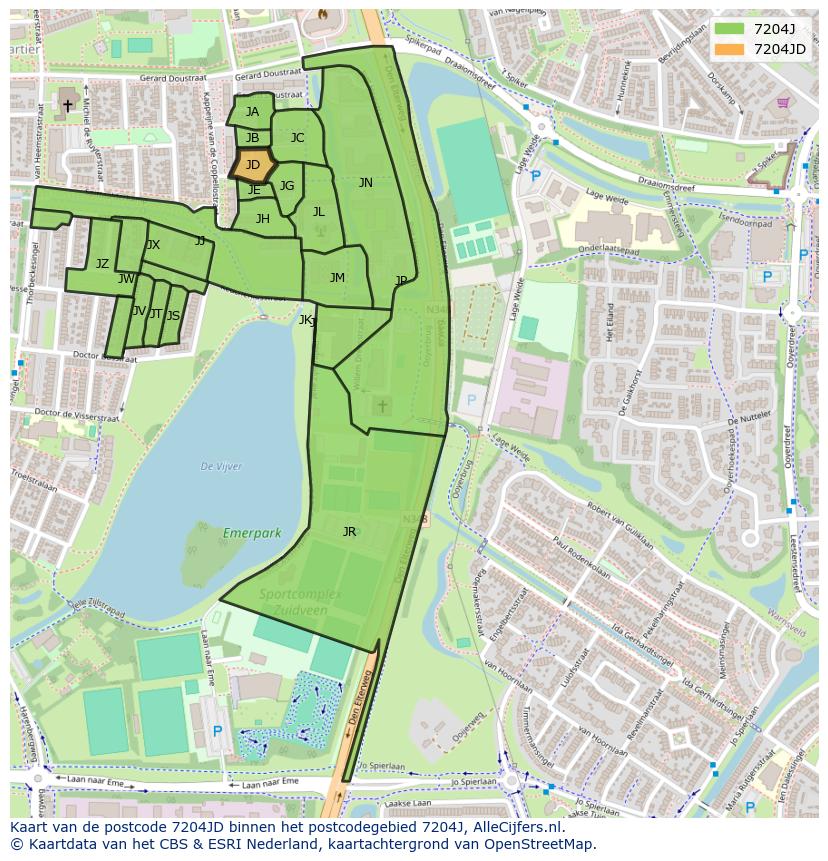 Afbeelding van het postcodegebied 7204 JD op de kaart.