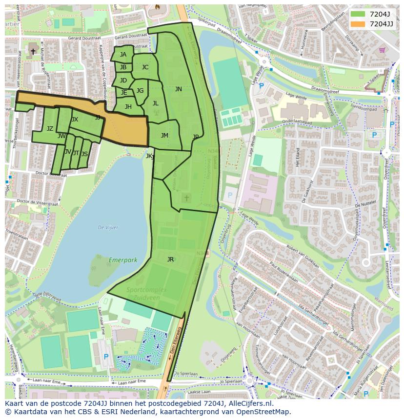 Afbeelding van het postcodegebied 7204 JJ op de kaart.